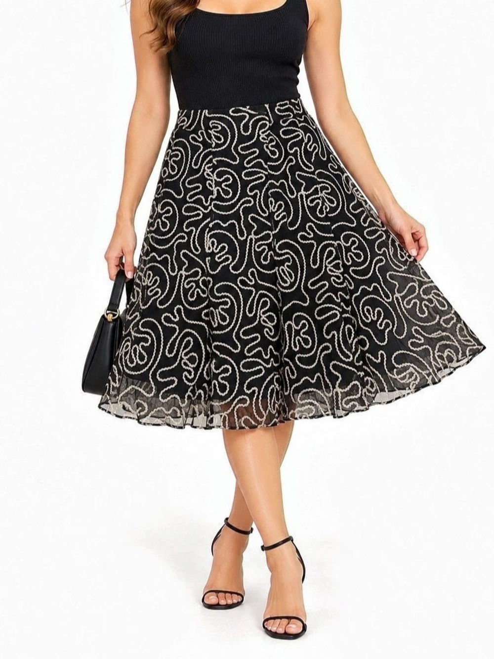 Jones New York Collection Black Embroidered Mesh A-Line Midi Skirt Size 12